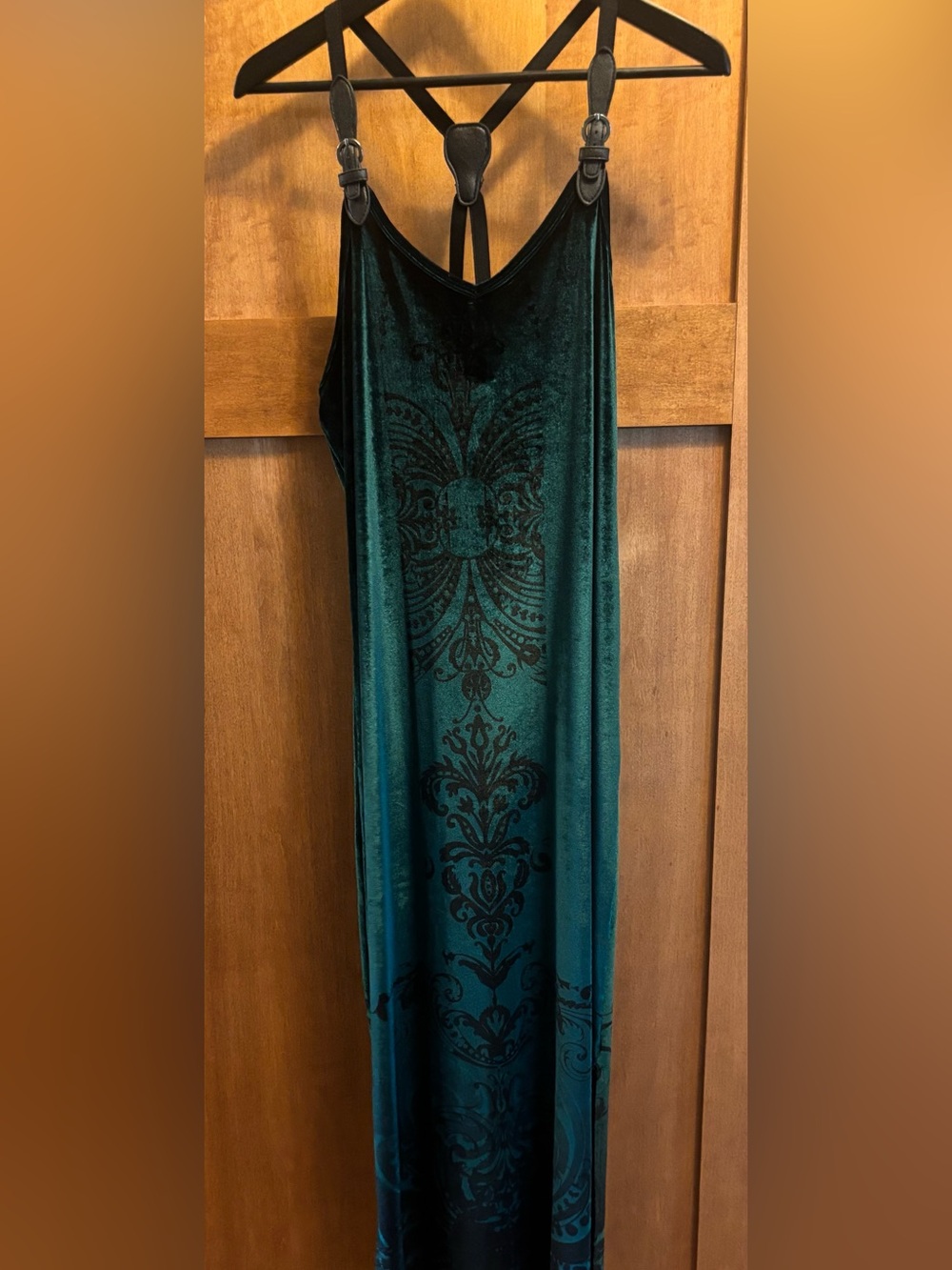 Pyramid collection green velvet long dress with black suspender straps